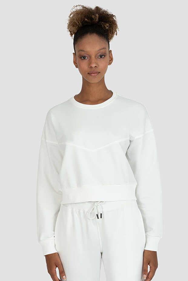 Ena Oversize Krem Crop Sweatshirt - 1