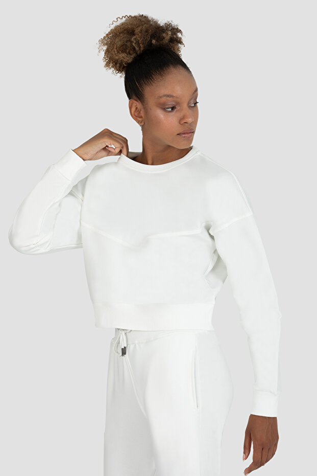 Ena Oversize Krem Crop Sweatshirt - 4