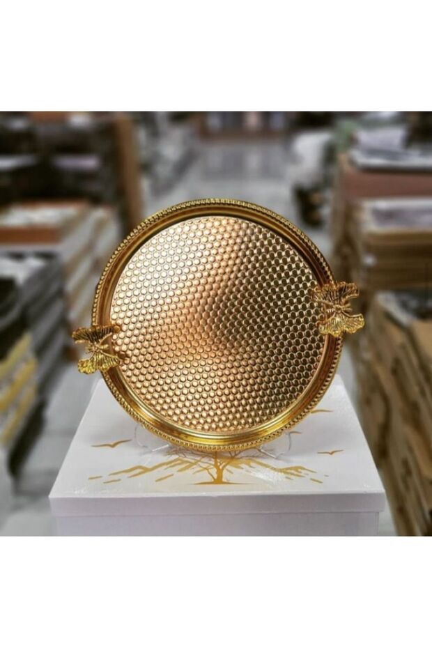 6-Piece Butterfly Round Patterned Gold Presentation, Decorative Serving Tray, Tea, Cake Brown 22cm