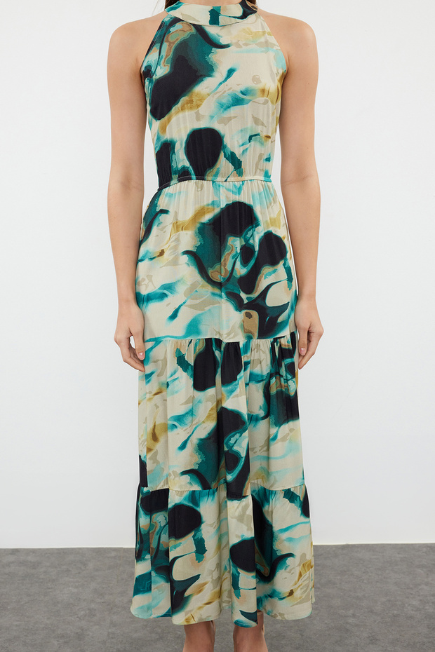 Siyah Soyut Desenli A Kesim Halter Yaka Maxi Dokuma Elbise TWOSS24EL01025 - 3