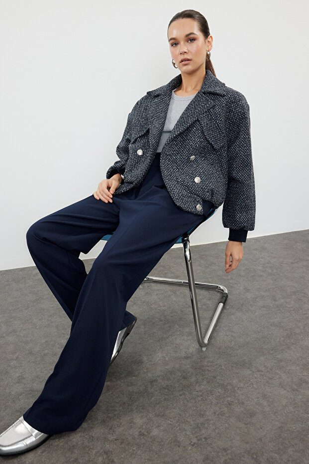 Námořnická modrá oversize prošívaná tweedová bomber bunda - Twoaw25Mo00060 - 2