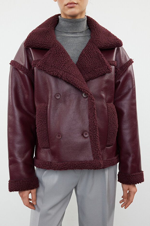 Bordo Peluş Detaylı Suni Deri Biker Ceket Mont TWOAW25MO00066 - 11