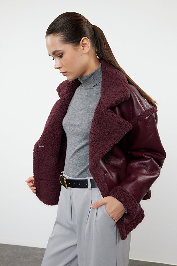 Bordo Peluş Detaylı Suni Deri Biker Ceket Mont TWOAW25MO00066 - 9
