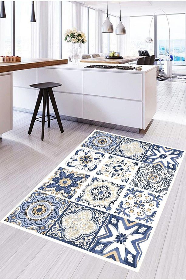 Bodrum Mavisi Çini Desen Modern Yıkanabilir Kaymaz Taban Mutfak Halısı - 1