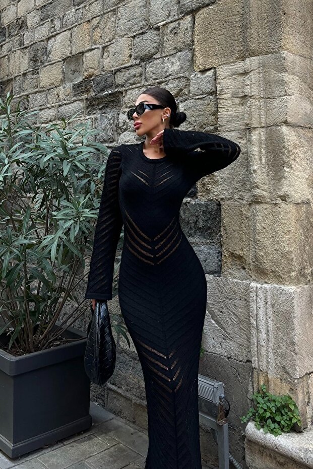 Ajurlu Siyah Maxi Elbise - 4