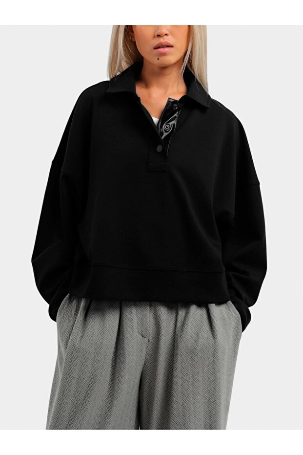 Women's Cotton Long Sleeve Button Closure Black Sweatshirt 6R2M7U 2JRKZ-0999