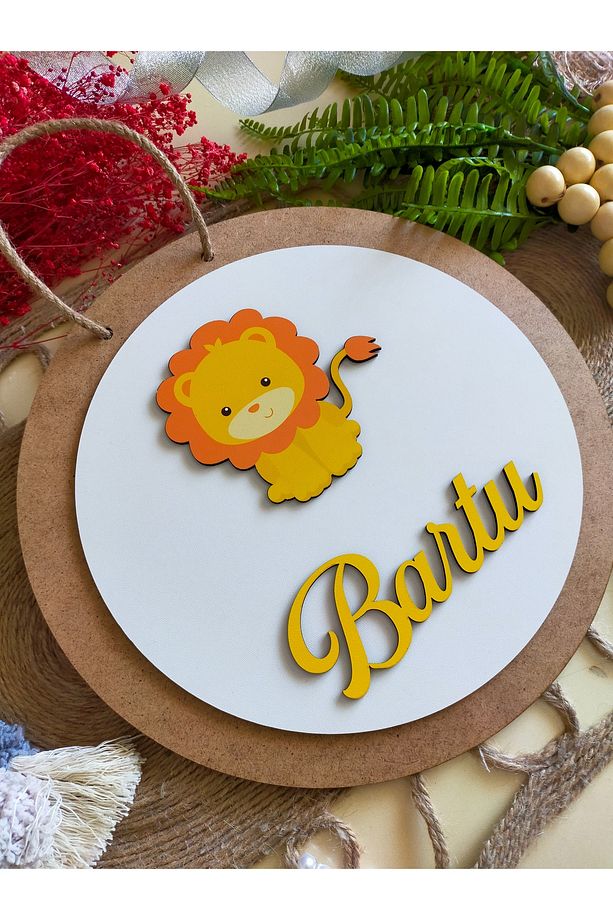 Safari Serisi Ayıcık Aslan Zürafa  30 cm Ahşap Çocuk ve Bebek Odası İsimli Kapı Süsü - 3