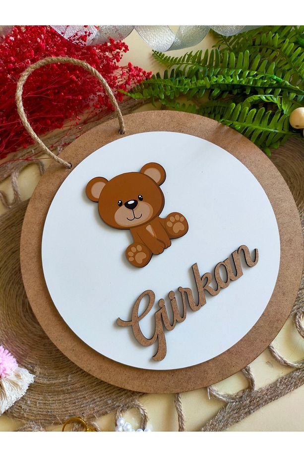 Safari Serisi Ayıcık Aslan Zürafa  30 cm Ahşap Çocuk ve Bebek Odası İsimli Kapı Süsü - 1