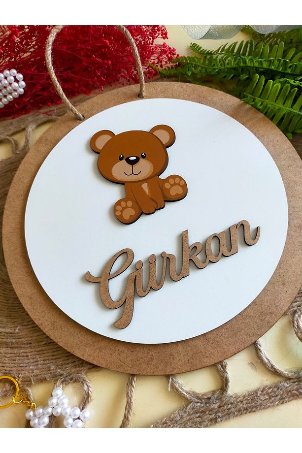 Safari Serisi Ayıcık Aslan Zürafa  30 cm Ahşap Çocuk ve Bebek Odası İsimli Kapı Süsü - 6