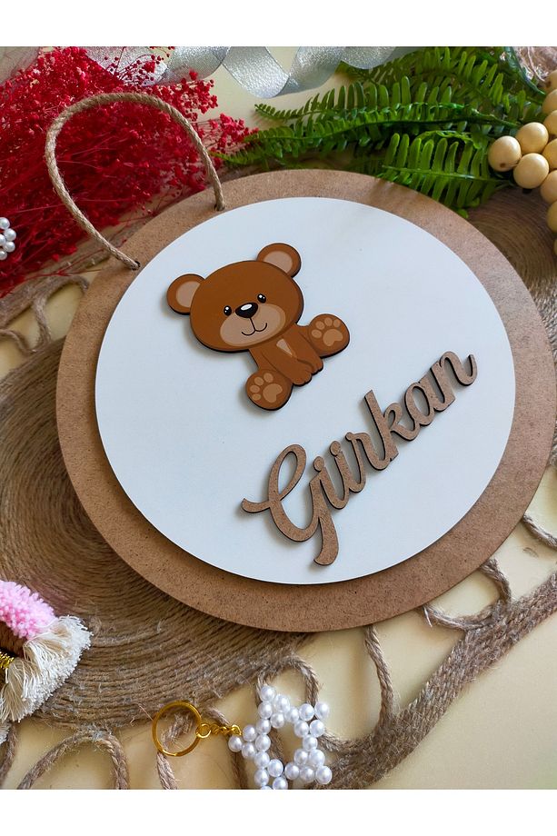 Safari Serisi Ayıcık Aslan Zürafa  30 cm Ahşap Çocuk ve Bebek Odası İsimli Kapı Süsü - 3
