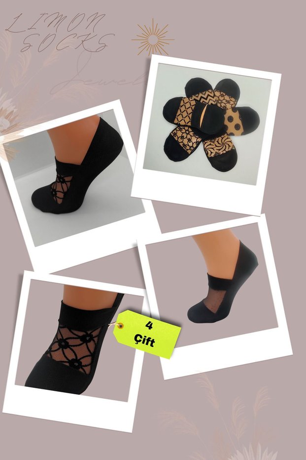 Quality Micro Combed Cotton Tulle Ballerina Booties Socks for Women and Children (4 Pairs) Patterned Short Socks