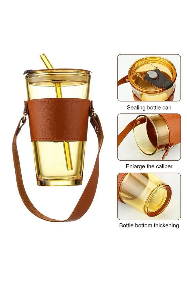 450ml Isıya Dayanıklı Pipetli Borosilikat Retro Deri Şeritli Bardak | Kahve Sunum Bardağı - 1 Adet - 7