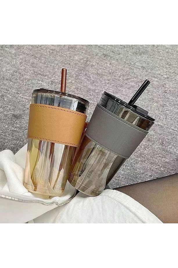 450ml Isıya Dayanıklı Pipetli Borosilikat Retro Deri Şeritli Bardak | Kahve Sunum Bardağı - 1 Adet - 4