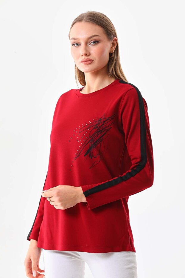 Women's Patterned Crew Neck Long Sleeve Blouse 22689 Claret Red