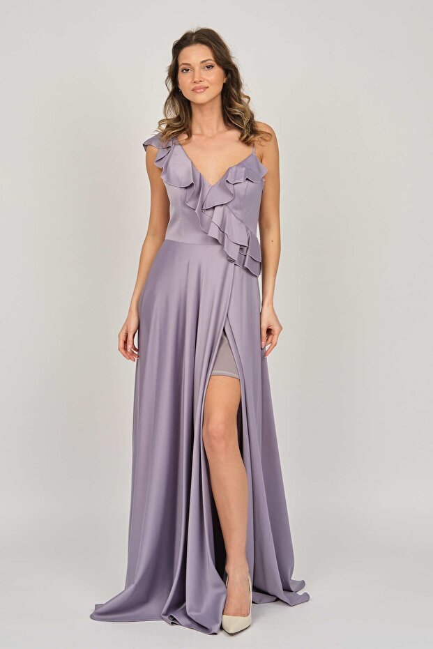 Women's Ruffle Detailed Satin Evening Dress 5921180 Lilac
