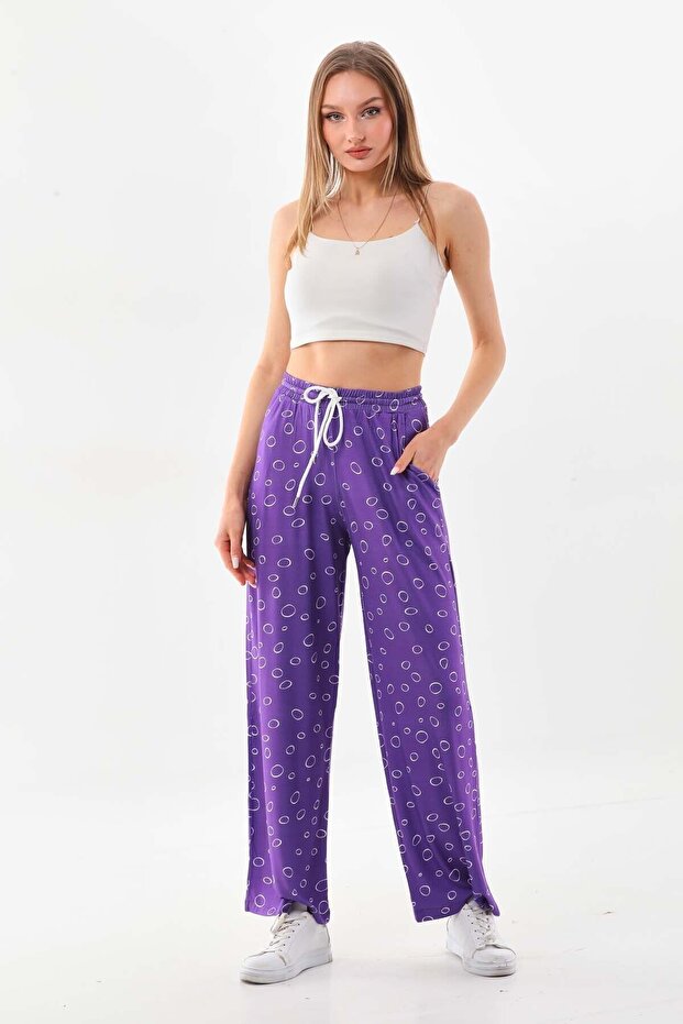 Women's Patterned Waist Strap Comfortable Form Trousers 23498 Purple