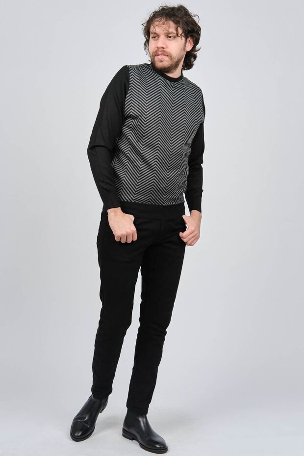 Men's Black Crew Neck Patterned Wool Sweater - 2
