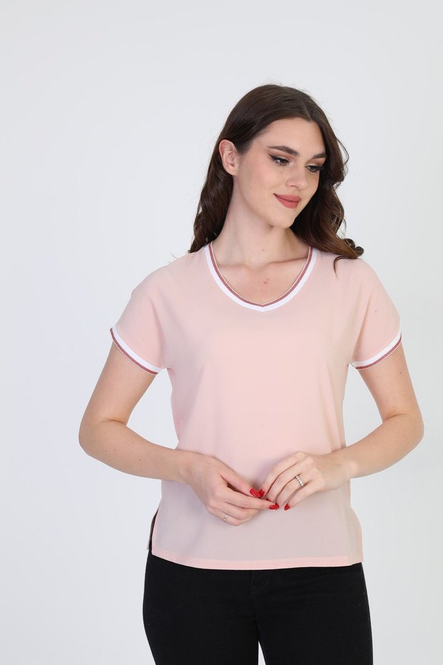 Women's Blouse with Silvery Stripe Detail on Collar and Sleeves 5010022 Powder