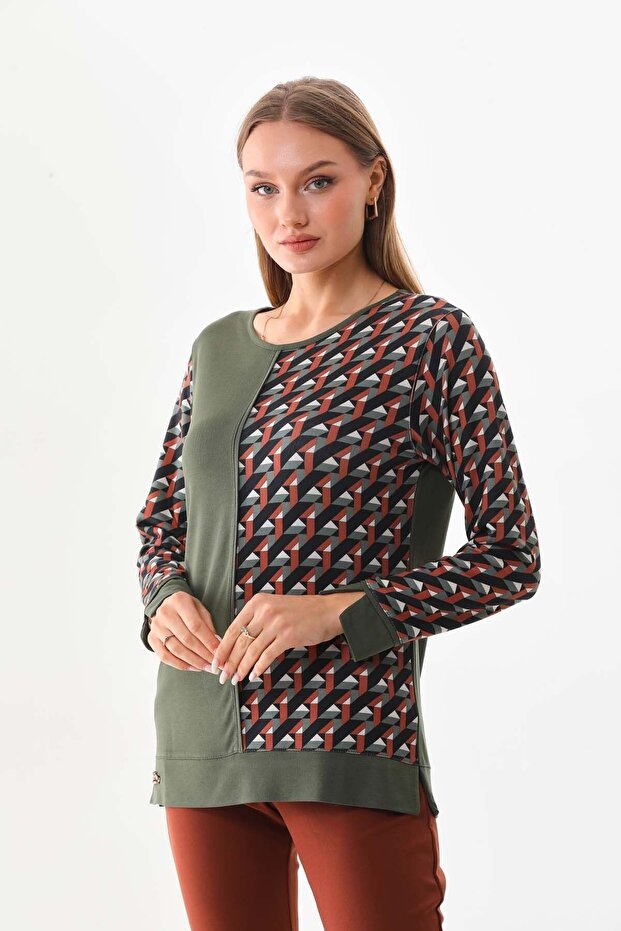 Women's Patterned Crew Neck Long Sleeve Blouse 23592 Khaki