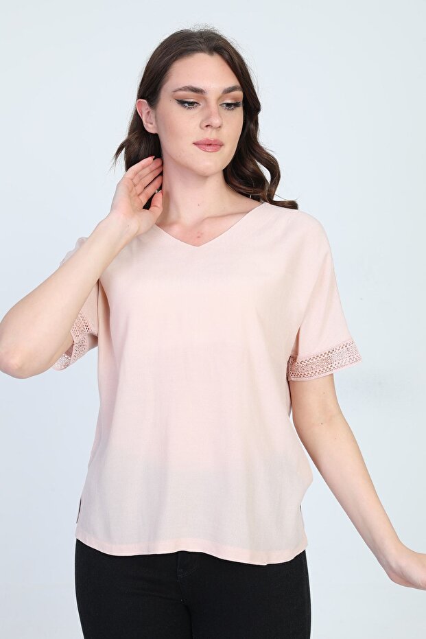 Women's Sleeve Lace Detailed Blouse 19e021 Powder