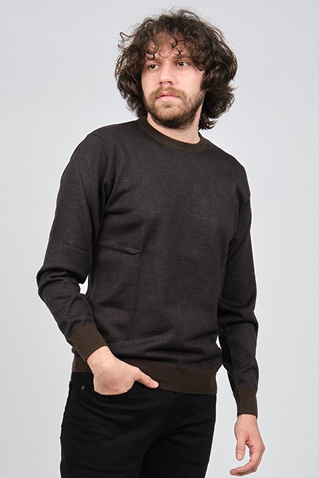 Men's Patterned Crew Neck Wool Sweater 1572010 Brown