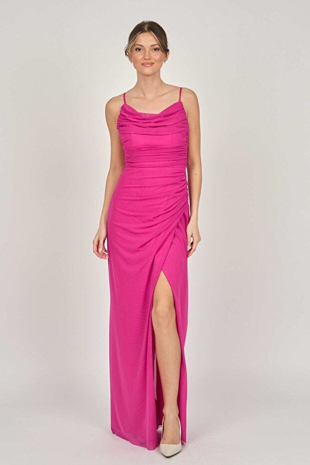 Women's Draped Strap Evening Dress 5924058 Fuchsia