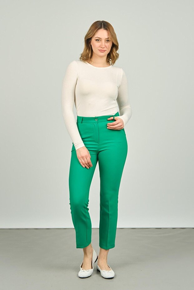 Women's Double Pocket Ankle Length Skinny Leg Trousers 7002 Green