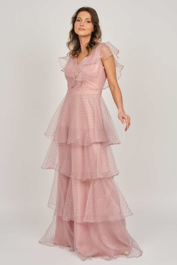 Women's Floor Detailed Long Evening Dress 5923047 Dusty Rose