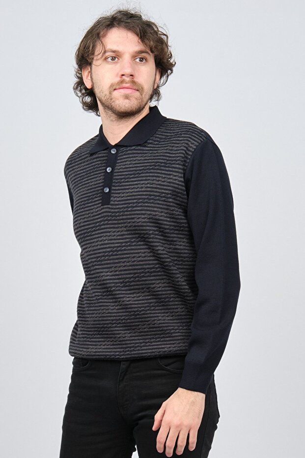 Men's Polo Neck Patterned Wool Sweater 6091623 Navy Blue