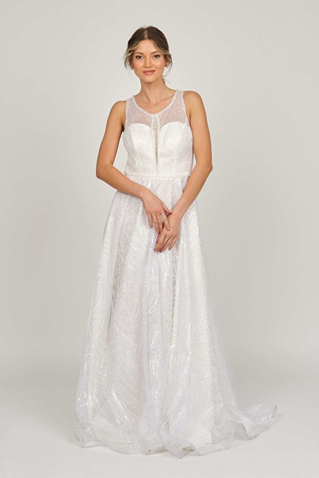 Women's Sequined Long Evening Dress 0990346 Ecru