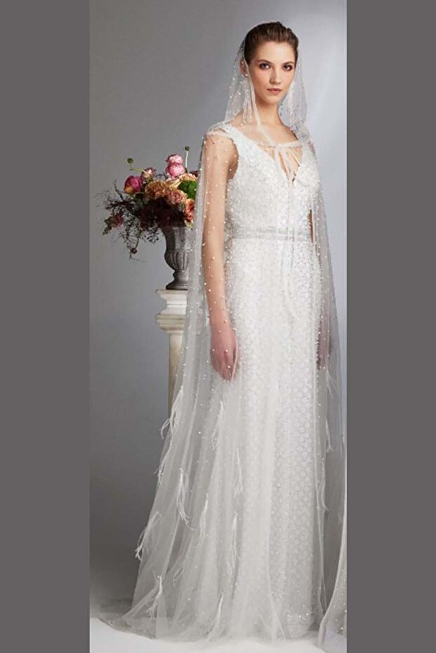 Women's Pearl Embroidered Strap Long Evening Dress 5946079 White