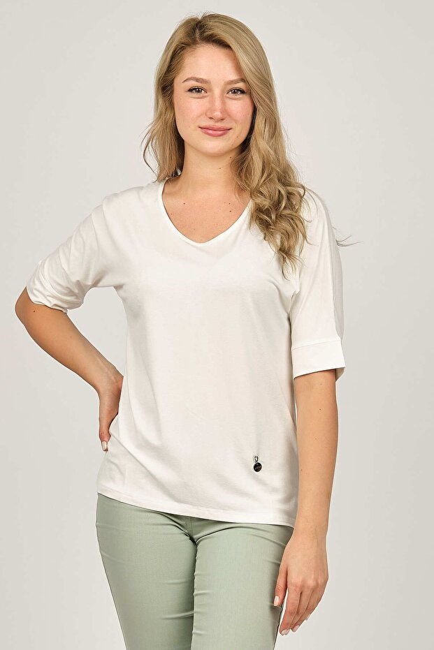 Women's V-Neck Blouse 6690201 Ecru