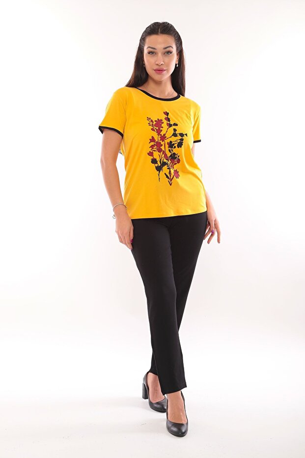 Women's Crew Neck Patterned Short Sleeve Blouse 3087 Yellow