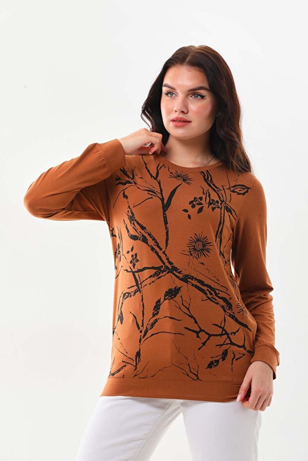 Women's Patterned Crew Neck Long Sleeve Blouse 23508 Soil