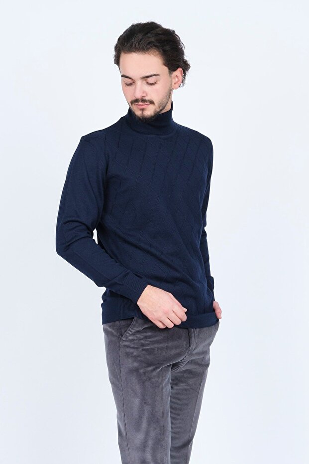 Men's Patterned Full Fisherman Knitwear Wool Sweater 5596984 Navy Blue