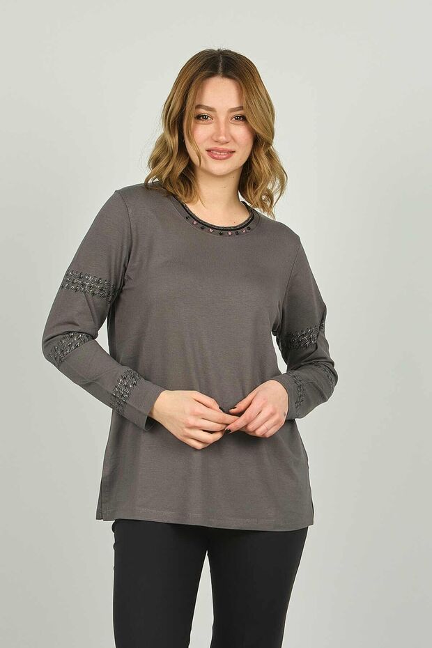 Women's Crew Neck Long Sleeve Blouse with Embroidered Sleeves and Collar 4539 Gray