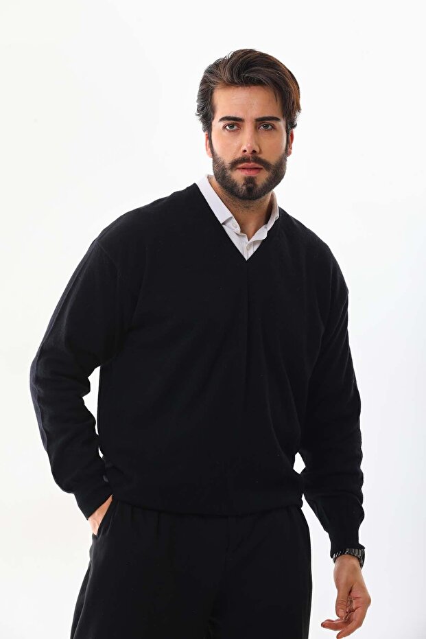 Sanfa Men's V-Neck Pure Wool Sweater 4103 Black