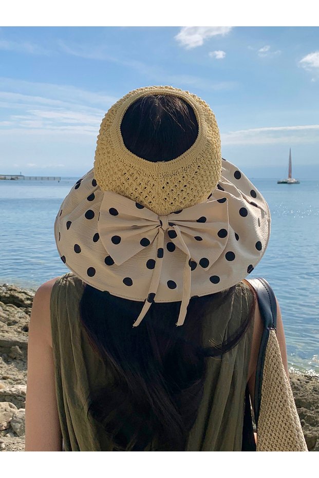 Women's Wide Brim Uv Protected Polka Dot Visor Hat Vacation Pool Sea Travel Beach Hat