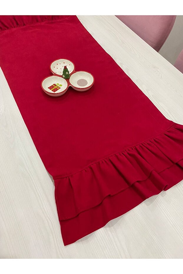 Çift Kat Fırfırlı Runner Sevgililer Günü , Masa Örtüsü, Canlı Kırmızı, Sofra Bezi - 2