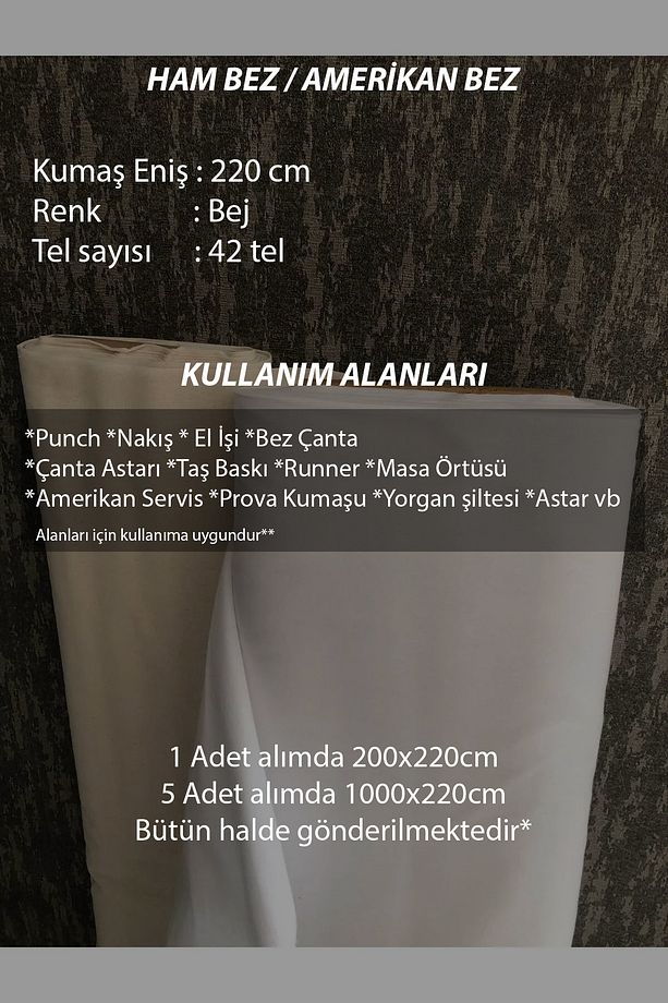 2 Metre Amerikan Bezi Kumaş - Ham Bez Kumaş - Punch Kumaş - Kırlent-Masa Örtüsü - Runner-Astar - 3