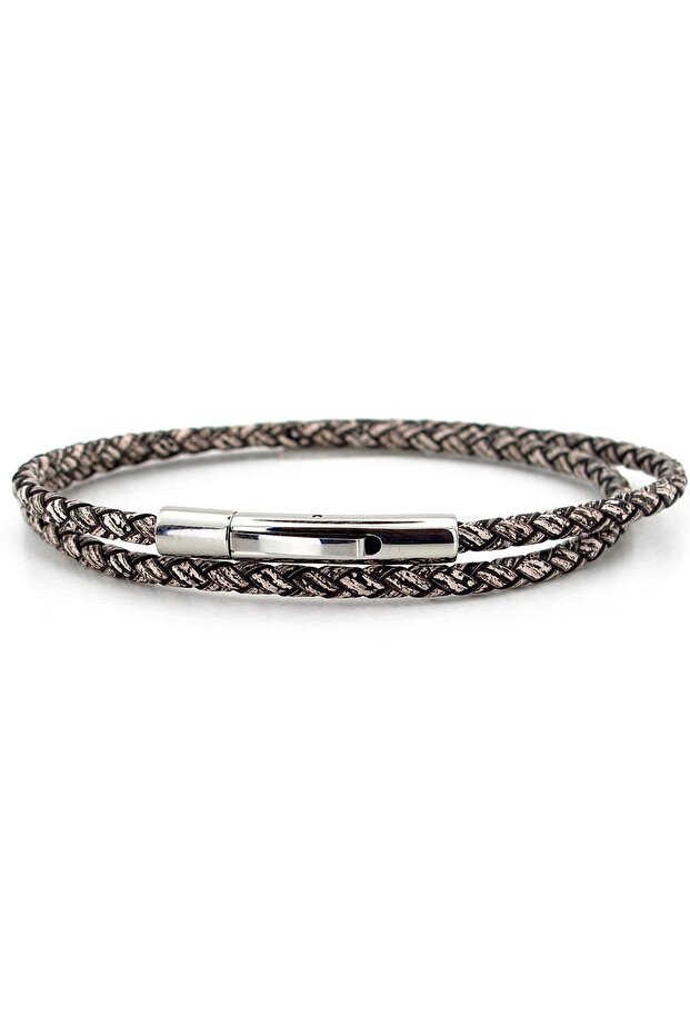 Gray Color Thin Leather Wrap Stainless Steel Clip Men's Bracelet M059C