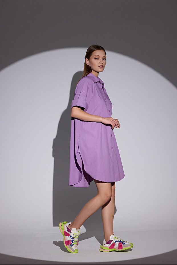 Oversize Kısa Kollu Uzun Basic Gömlek - 5