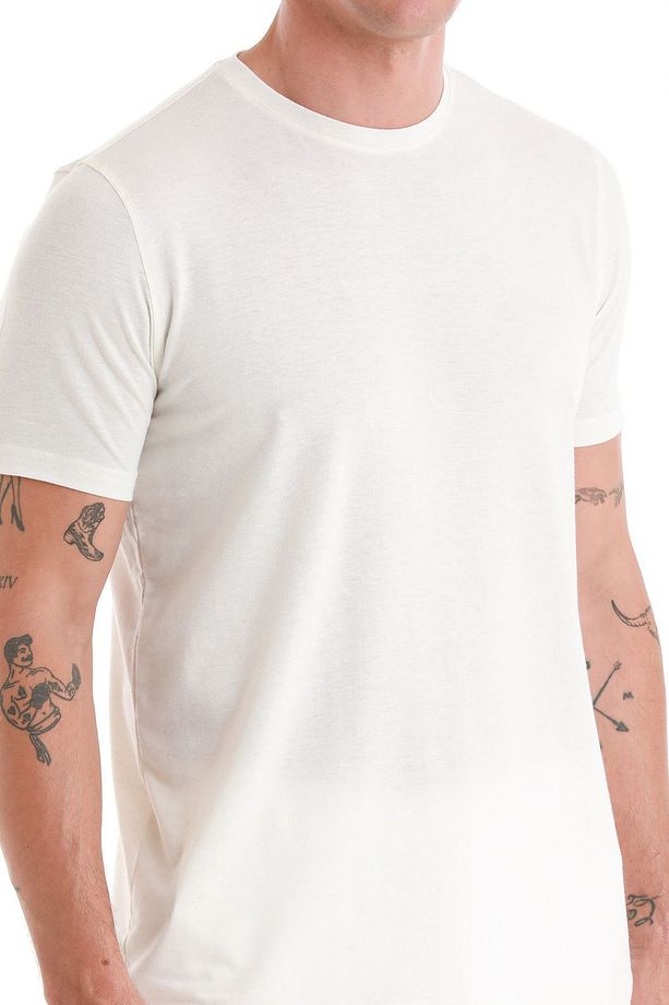 Ekru Regular Fit Düz Bisiklet Yaka Keten Tişört - 5
