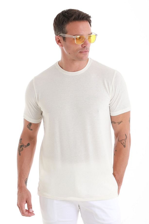 Ekru Regular Fit Düz Bisiklet Yaka Keten Tişört - 4