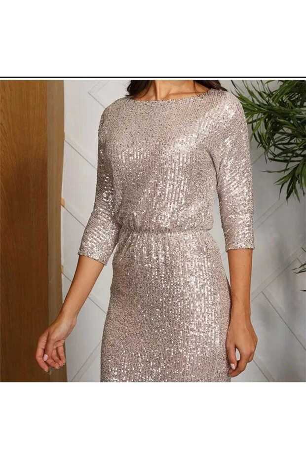 BİSİKLET YAKA PUL PAYET KALEM ELBİSE - 4