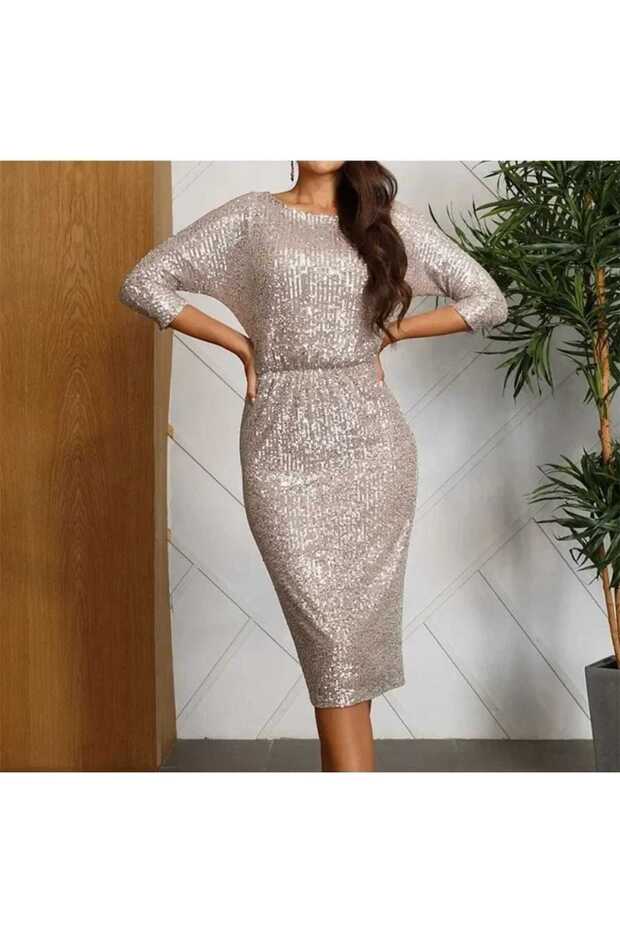 BİSİKLET YAKA PUL PAYET KALEM ELBİSE - 1