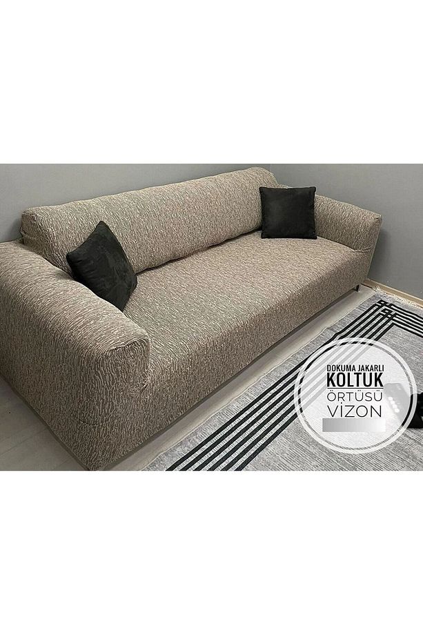 Jakarlı 3kişilik Koltuk Örtüsü , Çekyat Kanepe Kılıfı (ÜRÜN İÇERİĞİ 1ADET) Vizon - 4