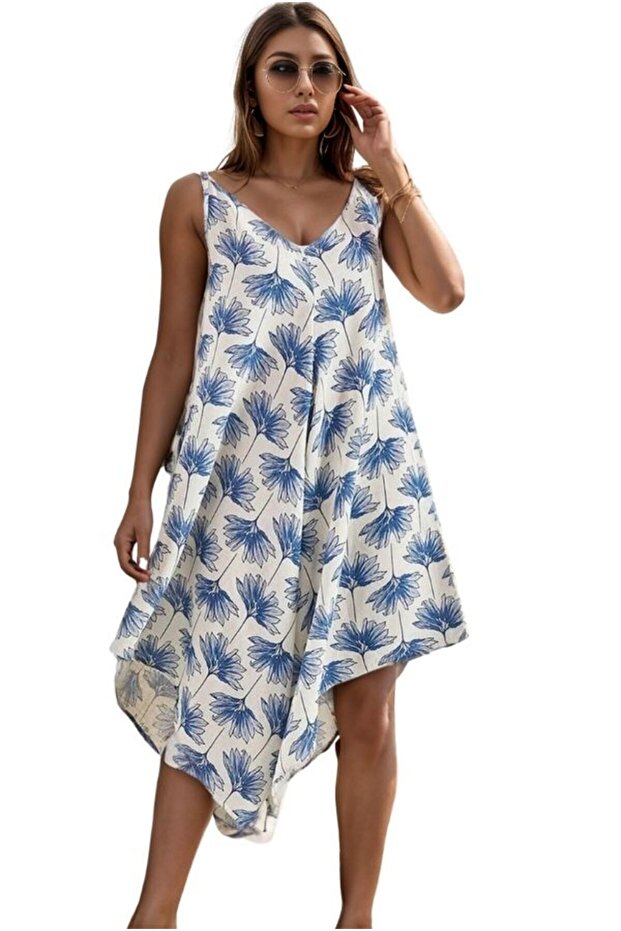 Blue Patterned Linen Viscose Summer Jumpsuit - Rope Strap, Comfortable Cut