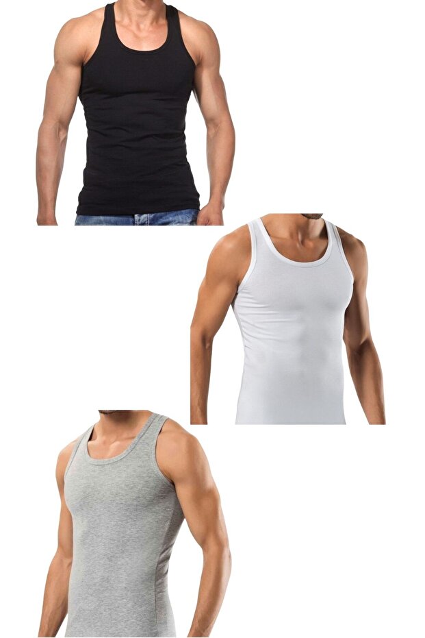 3 Pieces Men's Slim Fit Close-Fitting Lycra Combed Cotton Sports Undershirt (Rambo Undershirt)