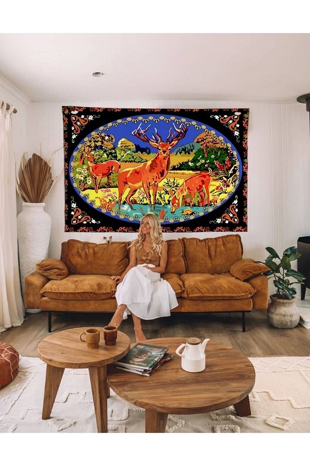Doğa Tasvirli Geyik Motifli Etnik Model Duvar Halısı | Duvar Örtüsü | Tapestry - 4